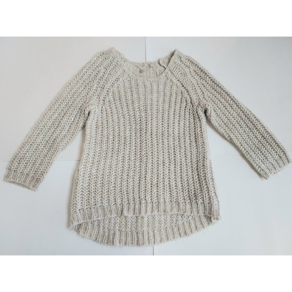 Ladies Knitted & Knotted Anthropologie Tan W/Sequin Crewneck Sweater Size Small